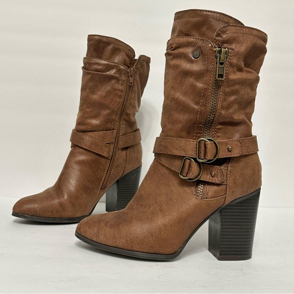 Carlos by Carlos Santana Paisley Tan Slouchy Buckled Block Heel Boots Size 8